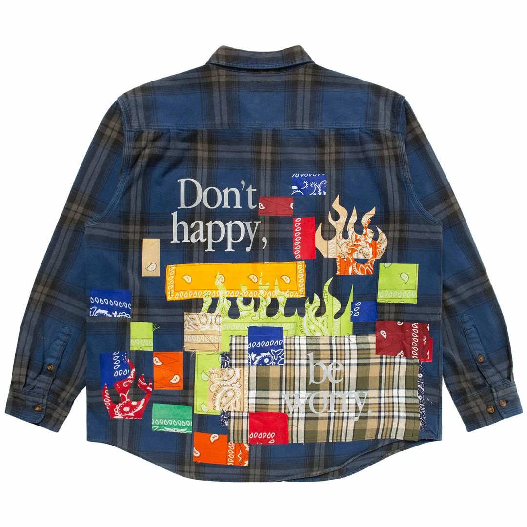 Market TOPS DON'T HAPPY BE WORRY BLUE AND BLACK FLANNEL SHIRT
