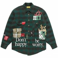 Market DON'T HAPPY BE WORRY GREEN AND BLACK FLANNEL SHIRT RANDOM WORKSHOP