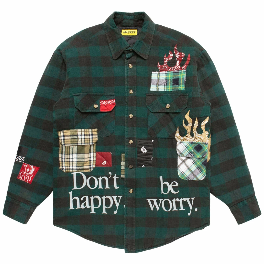 Market DON'T HAPPY BE WORRY GREEN AND BLACK FLANNEL SHIRT RANDOM WORKSHOP
