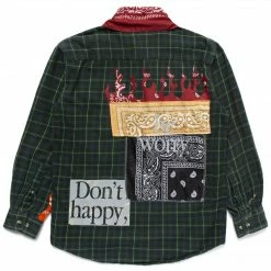 Market RANDOM WORKSHOP DON'T HAPPY BE WORRY PATCHWORK GREEN FLANNEL SHIRT